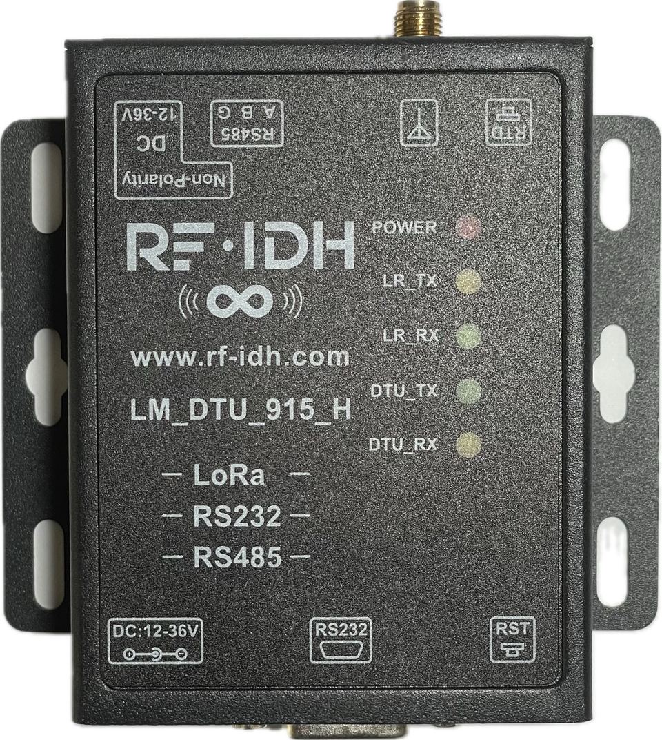 LM LoRa DTU 產品正面照，可見天線座、RS485 與電源端子及五顆狀態指示燈